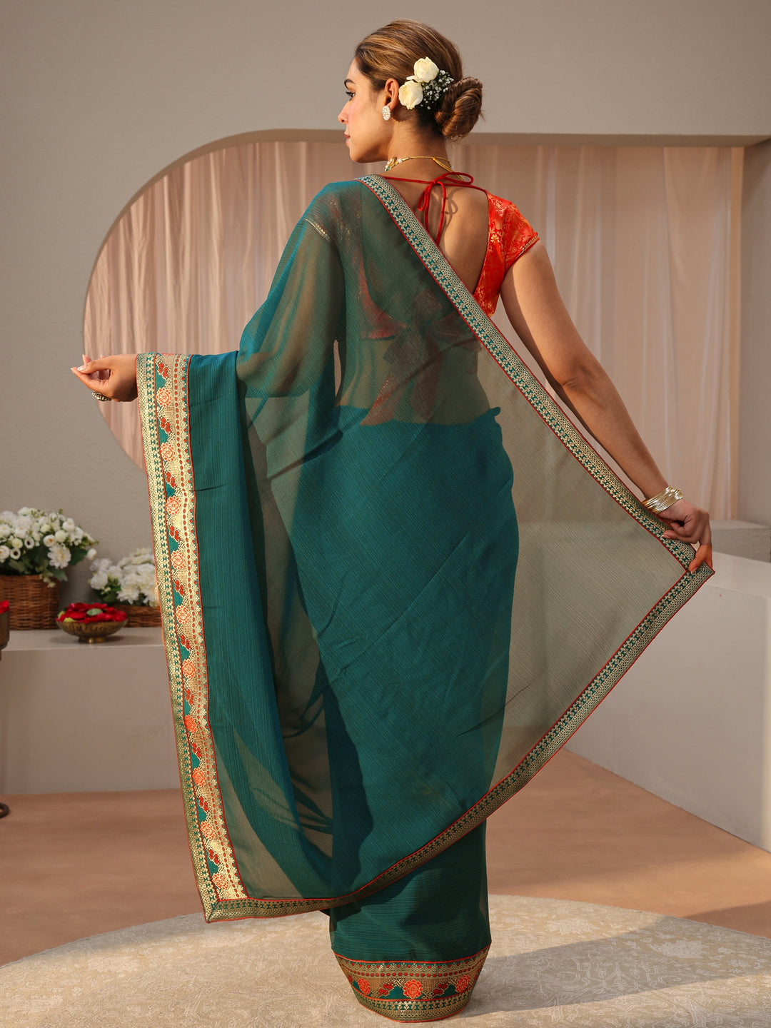 Green Georgette Saree With Floral Border