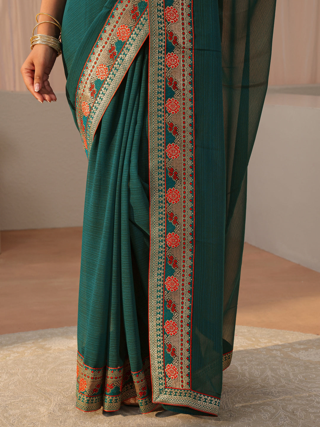 Green Georgette Saree With Floral Border