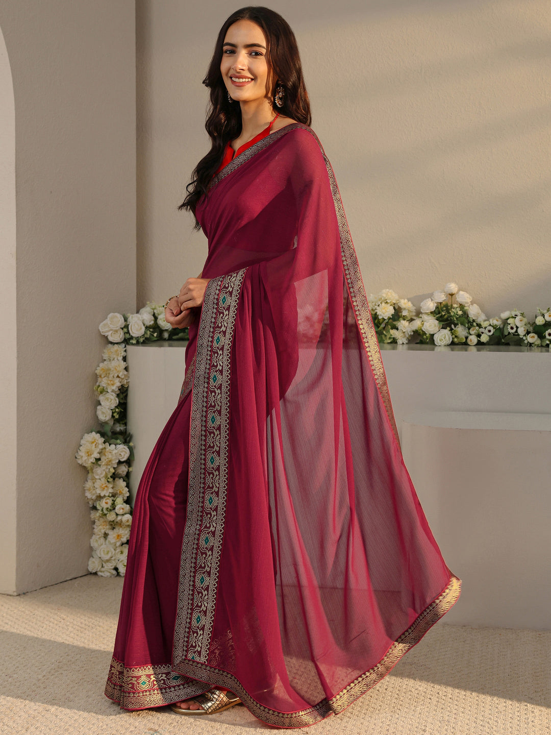 Maroon Solid Georgette Saree With Unstitched Blouse Piece