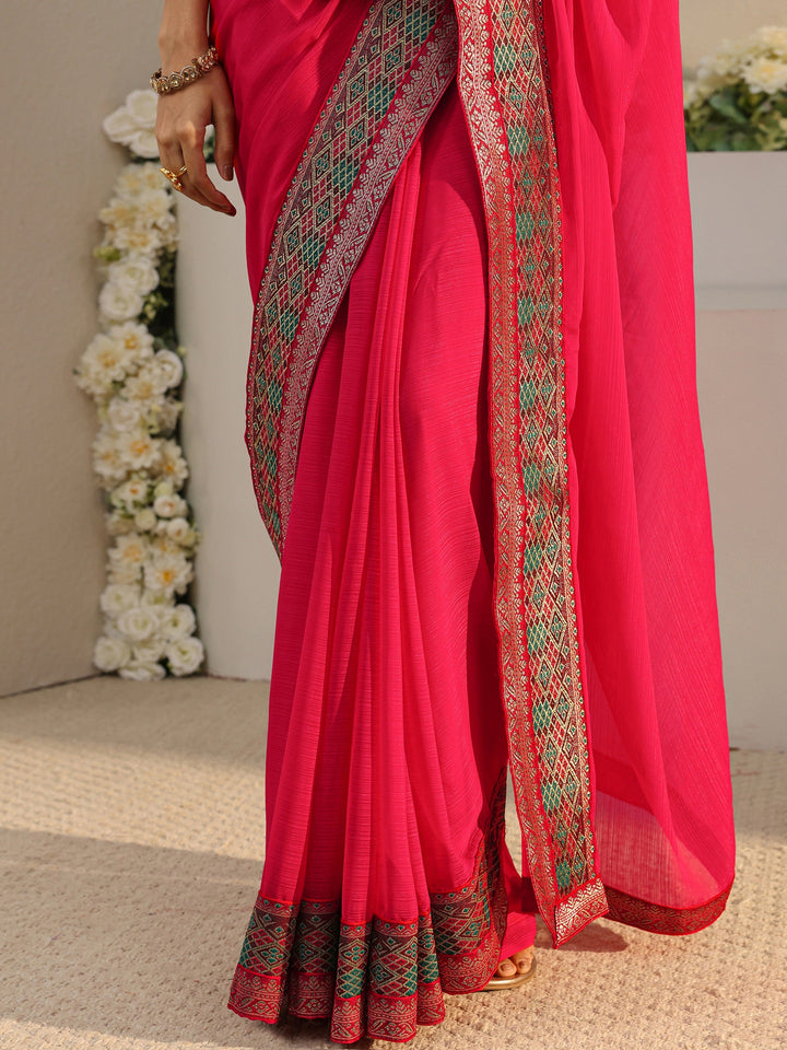 Pink Solid Georgette Saree With Unstitched Blouse Piece