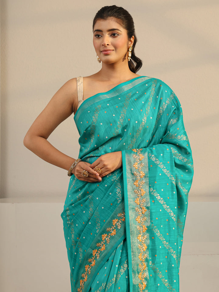 Green Floral Printed Silk Blend Tassel Saree With Unstitched Blouse Piece
