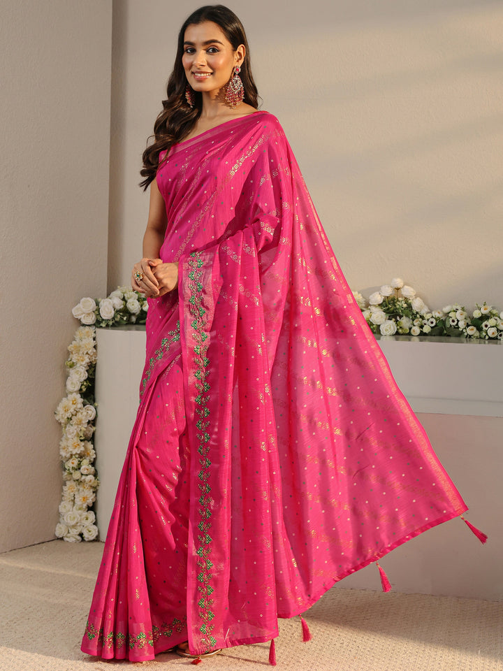 Pink Floral Printed Silk Blend Saree With Unstitched Blouse Piece