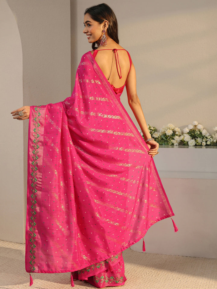 Pink Floral Printed Silk Blend Saree With Unstitched Blouse Piece