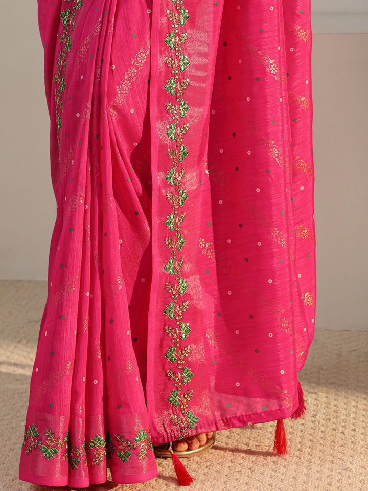 Pink Floral Printed Silk Blend Saree With Unstitched Blouse Piece
