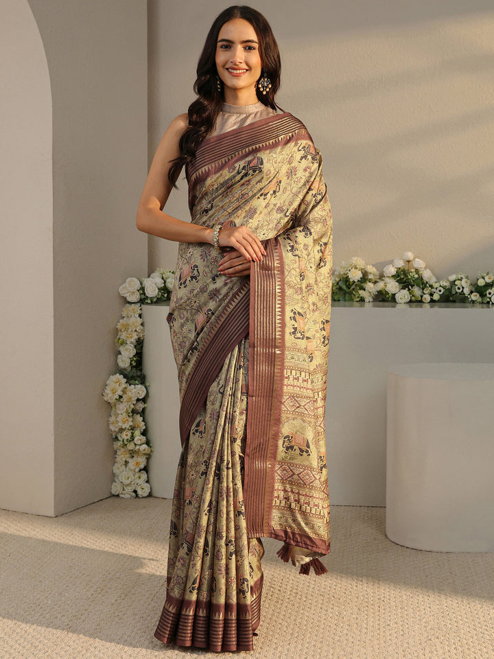 Green Ethnic Printed Silk Blend Saree With Unstitched Blouse Piece