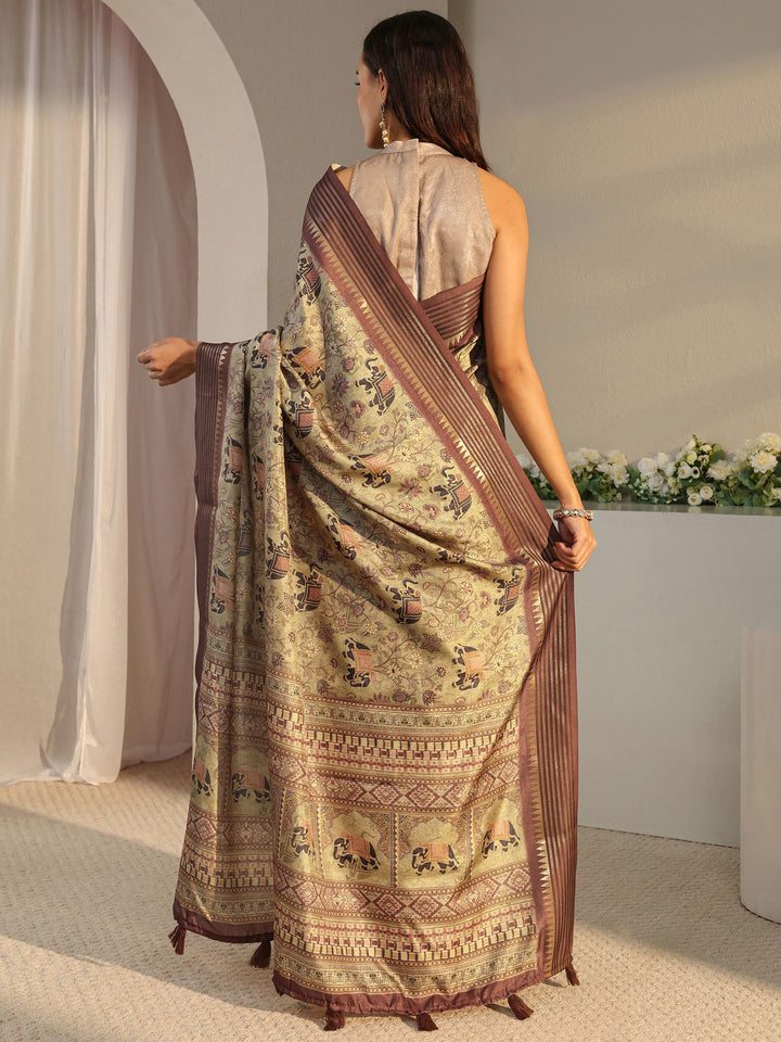Green Ethnic Printed Silk Blend Saree With Unstitched Blouse Piece