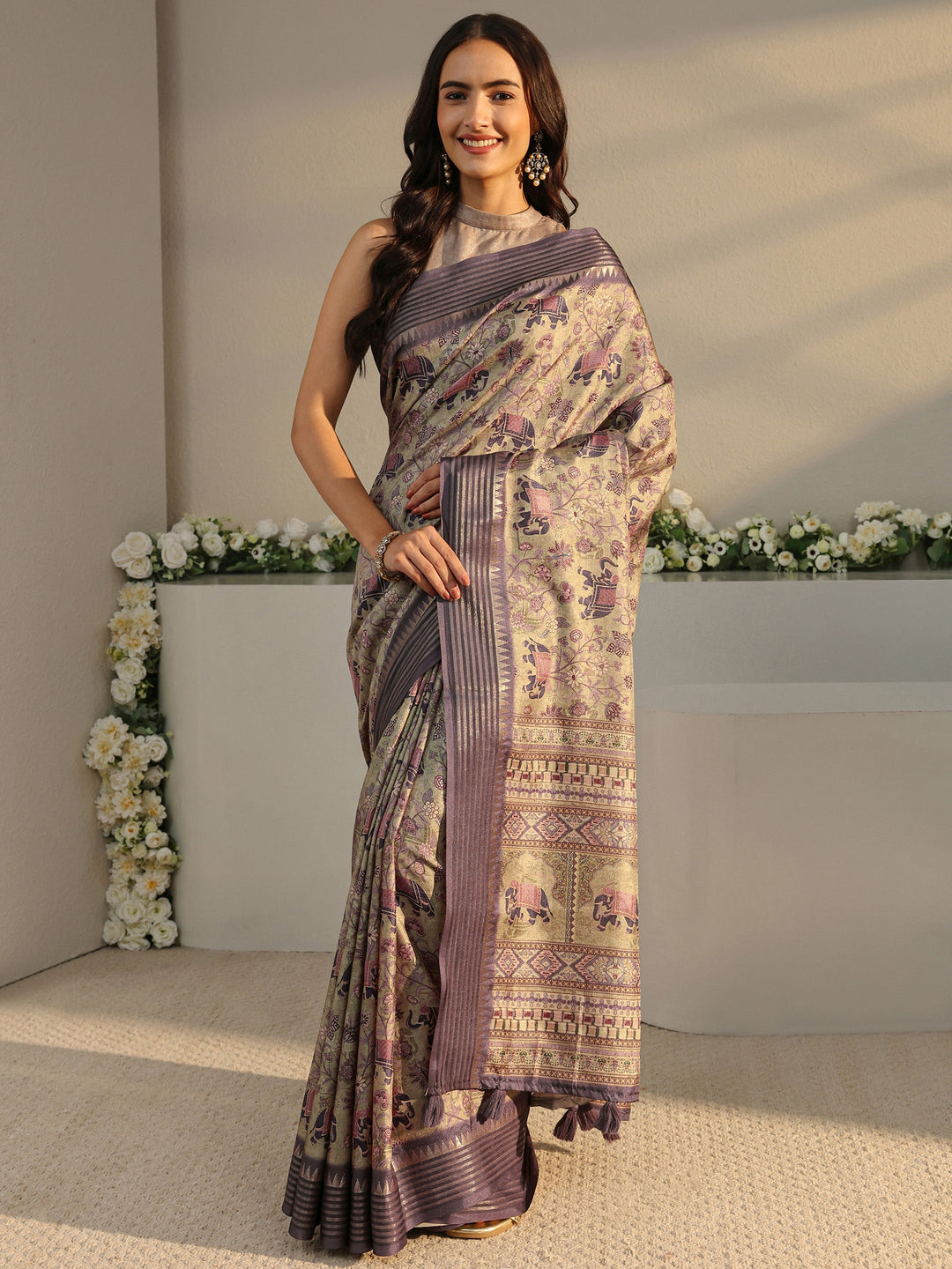 Libas Green Ethnic Printed Silk Blend Saree With Unstitched Blouse Piece