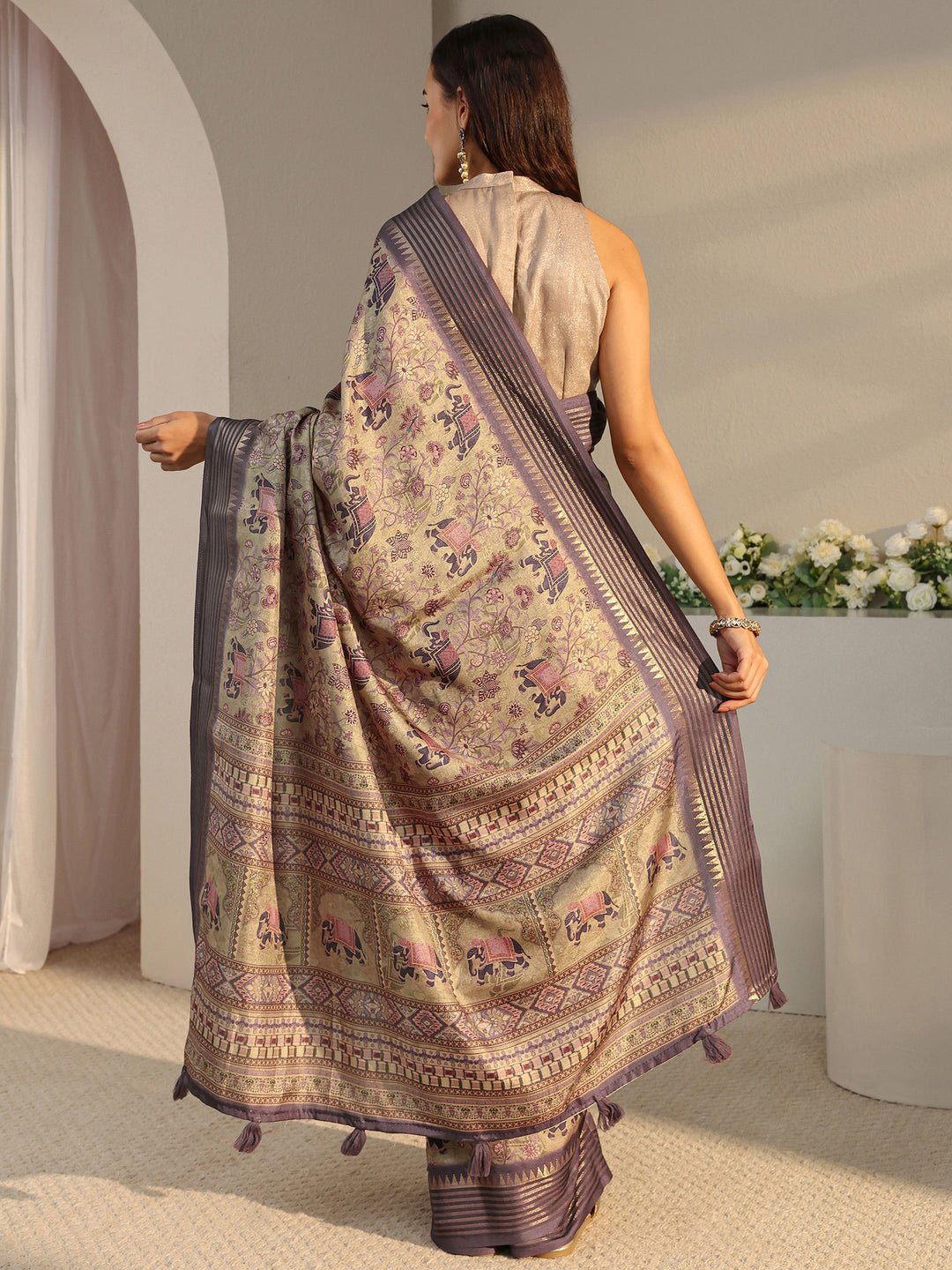 Libas Green Ethnic Printed Silk Blend Saree With Unstitched Blouse Piece