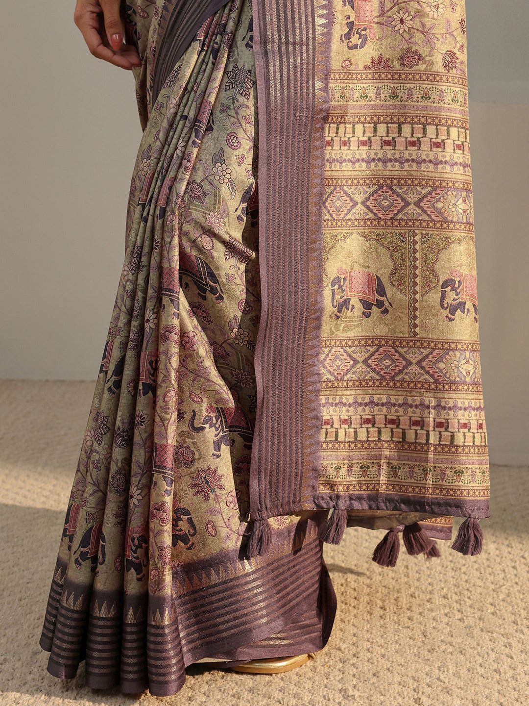 Libas Green Ethnic Printed Silk Blend Saree With Unstitched Blouse Piece