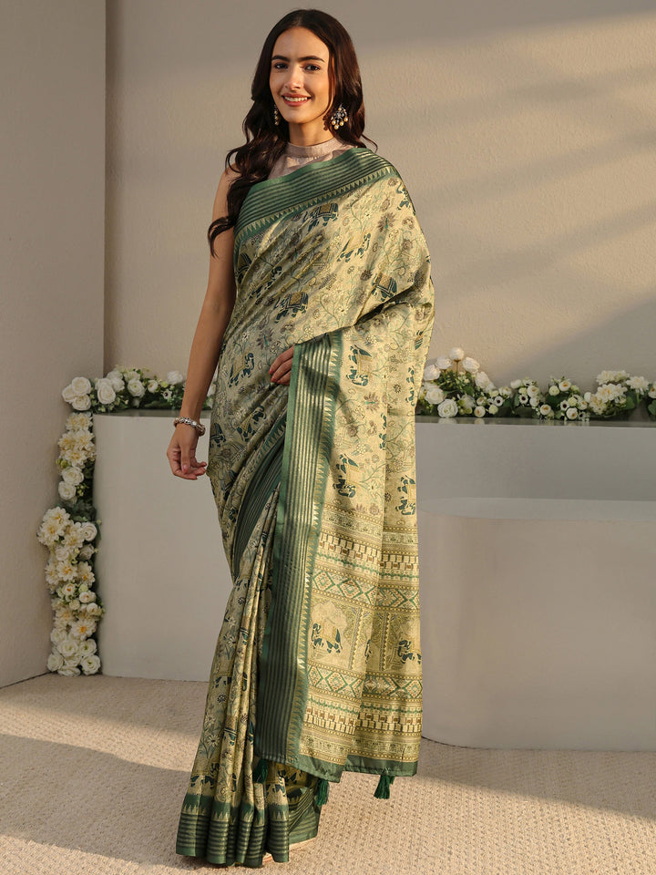 Green Ethnic Printed Silk Blend Saree With Unstitched Blouse Piece