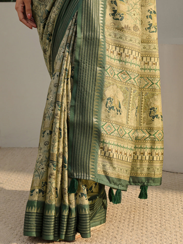 Green Ethnic Printed Silk Blend Saree With Unstitched Blouse Piece