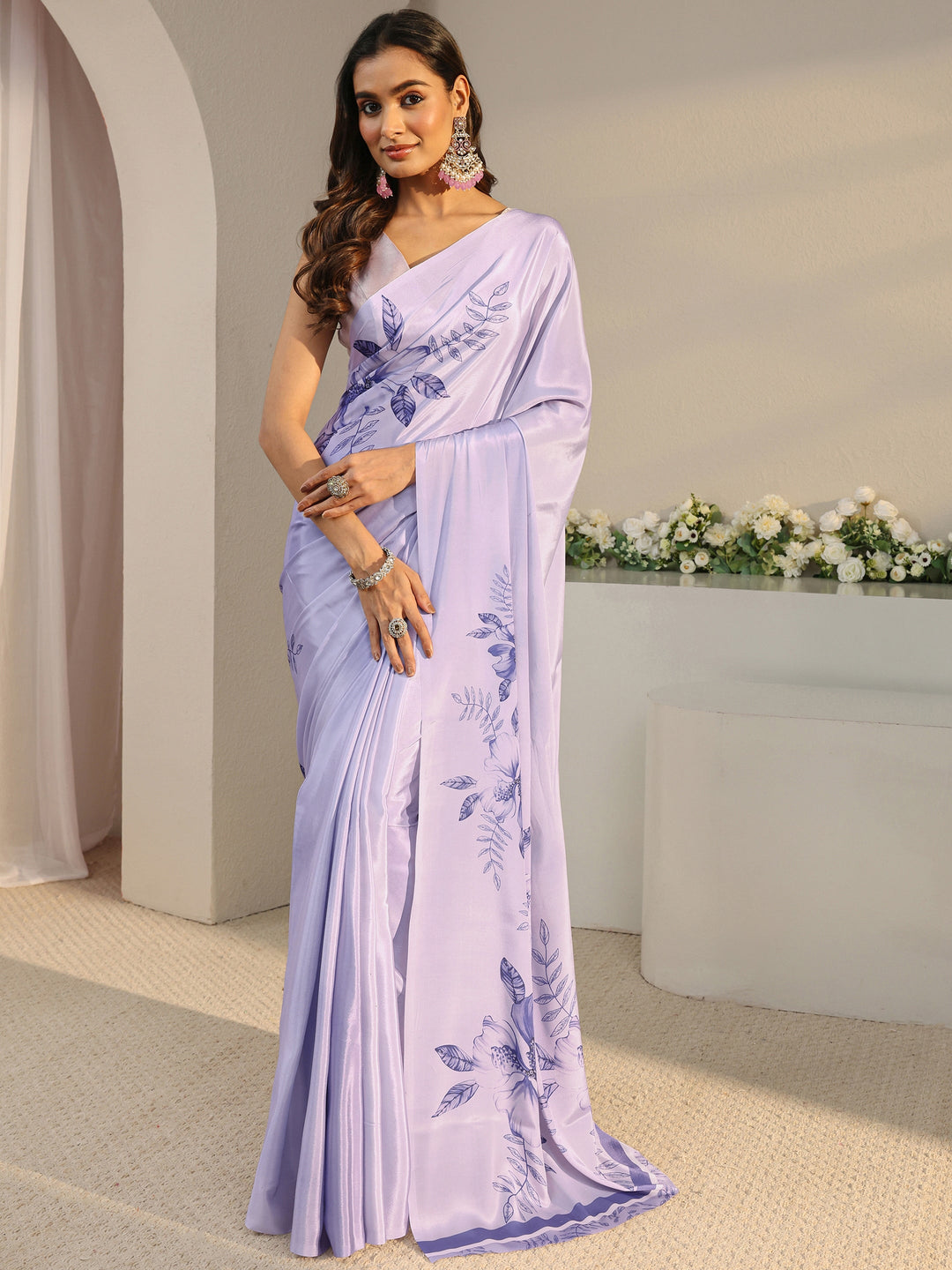 Libas Lavender Floral Printed Satin Saree With Unstitched Blouse Piece