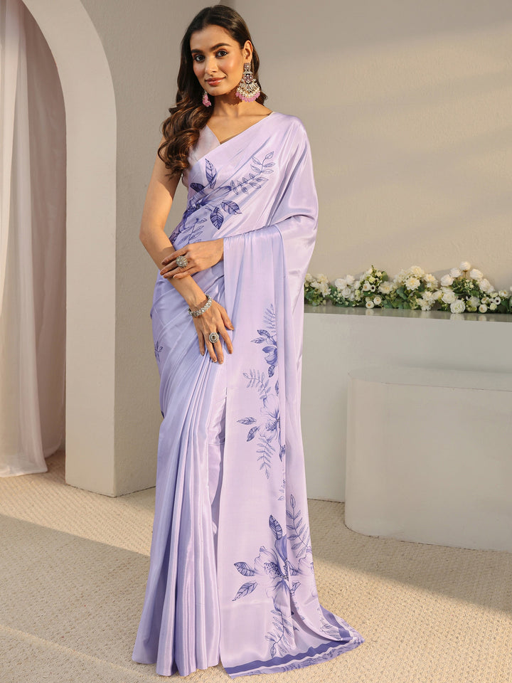 Libas Lavender Floral Printed Satin Saree With Unstitched Blouse Piece