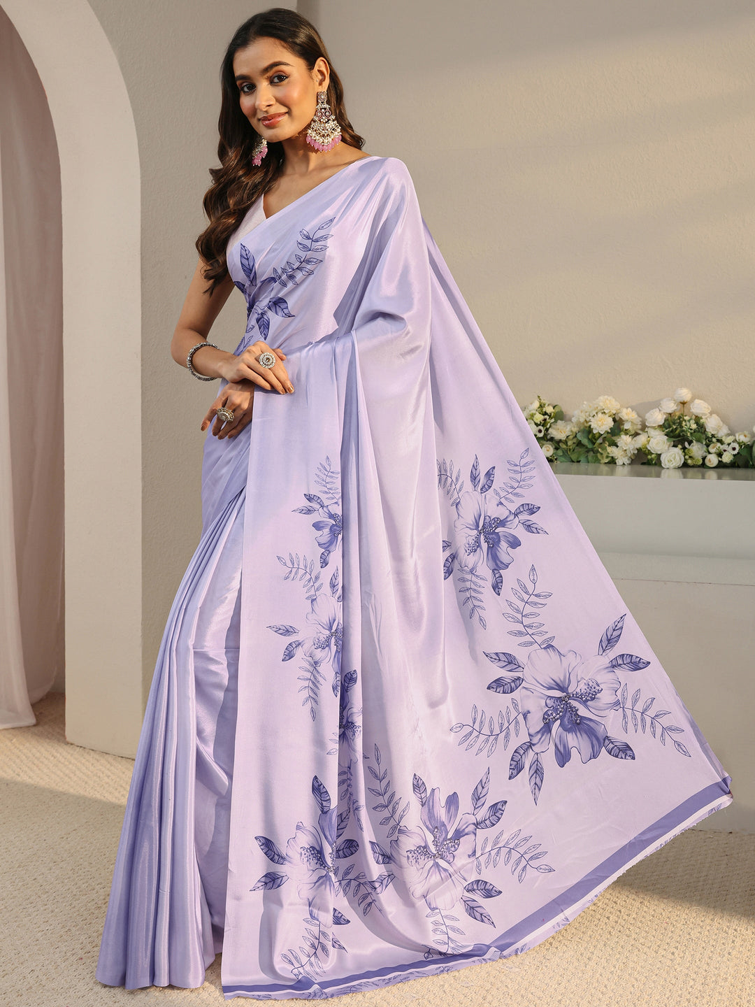 Libas Lavender Floral Printed Satin Saree With Unstitched Blouse Piece