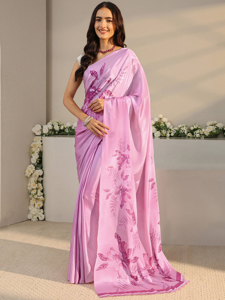 Pink Floral Printed Satin Saree With Unstitched Blouse Piece