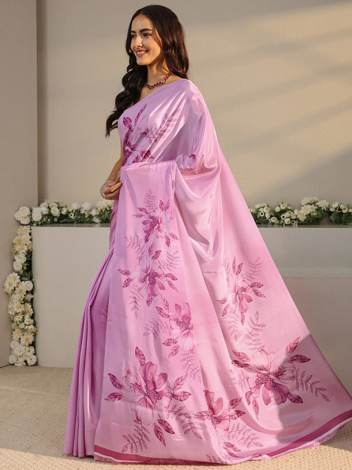 Pink Floral Printed Satin Saree With Unstitched Blouse Piece