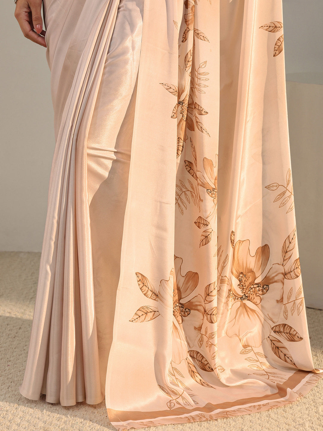 Ivory Floral Printed Satin Saree With Unstitched Blouse Piece