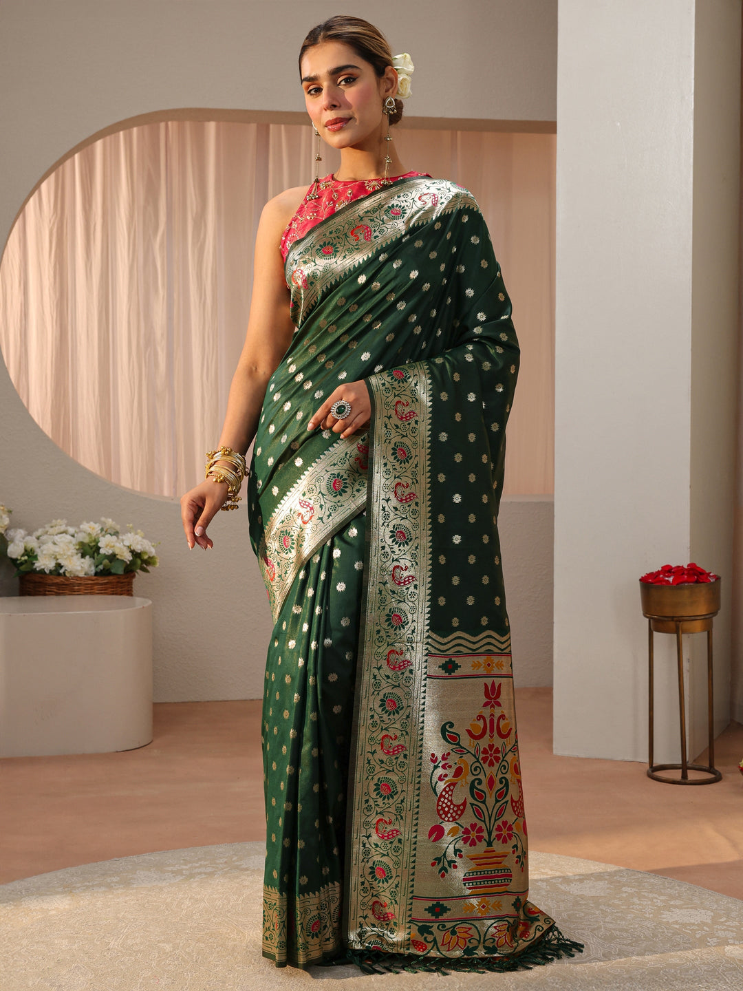 Green Paithani Silk Blend Saree