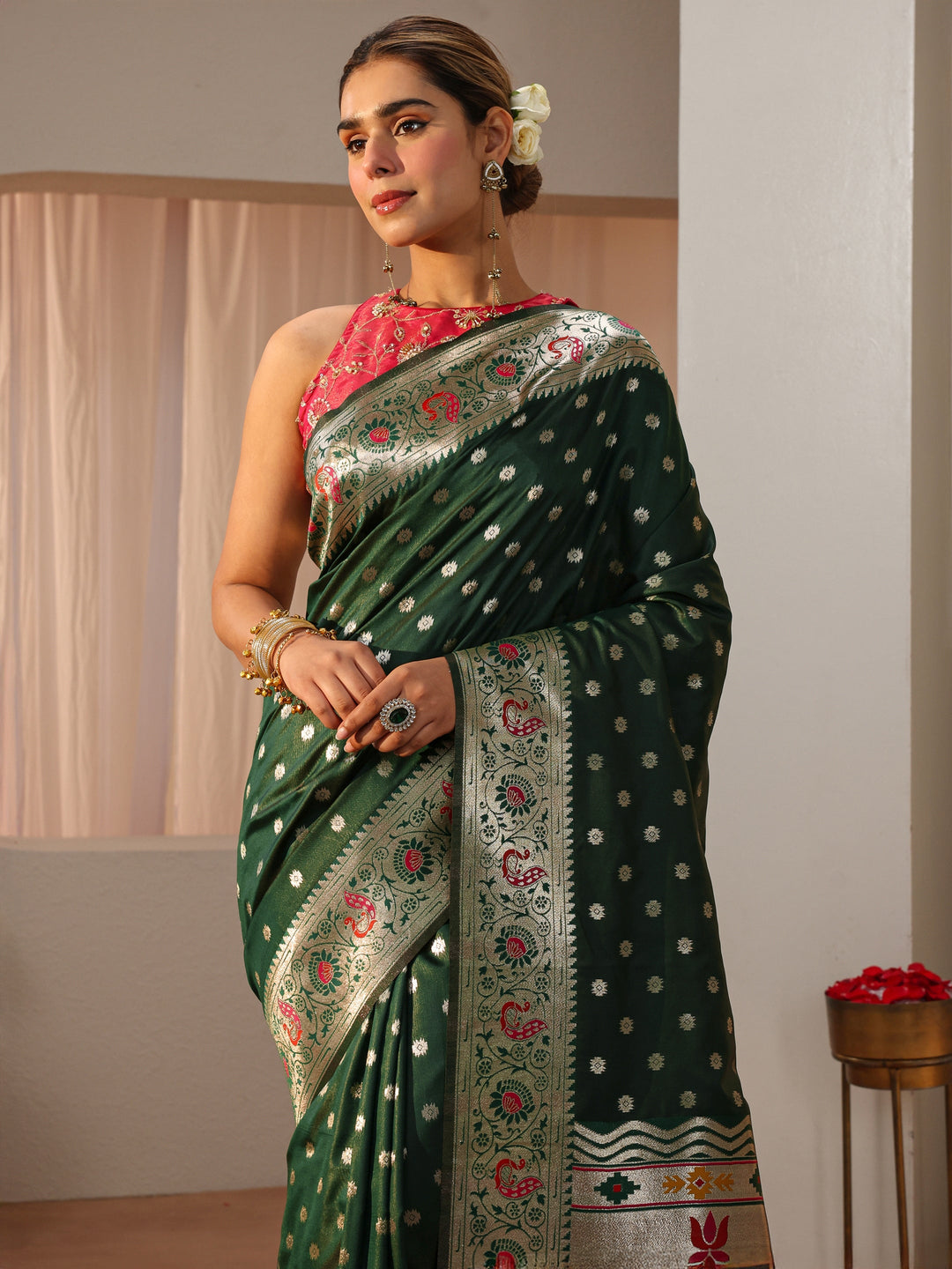 Green Paithani Silk Blend Saree