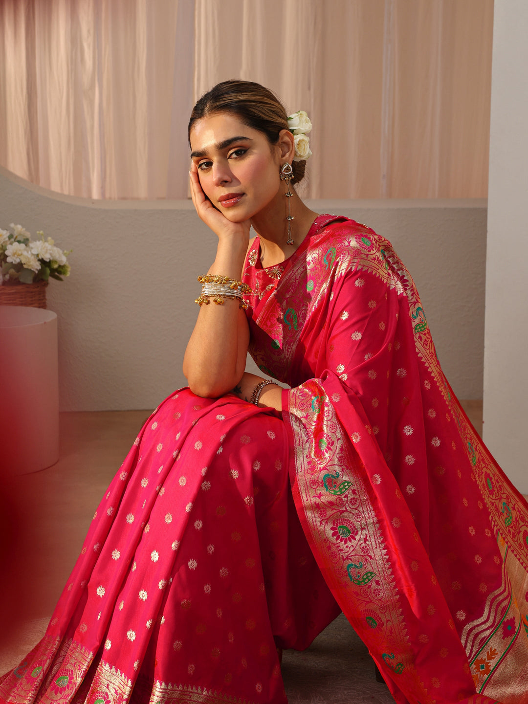 Pink Paithani Silk Blend Saree