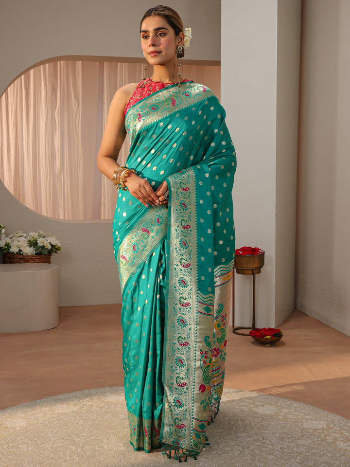 Green Paithani Silk Blend Saree