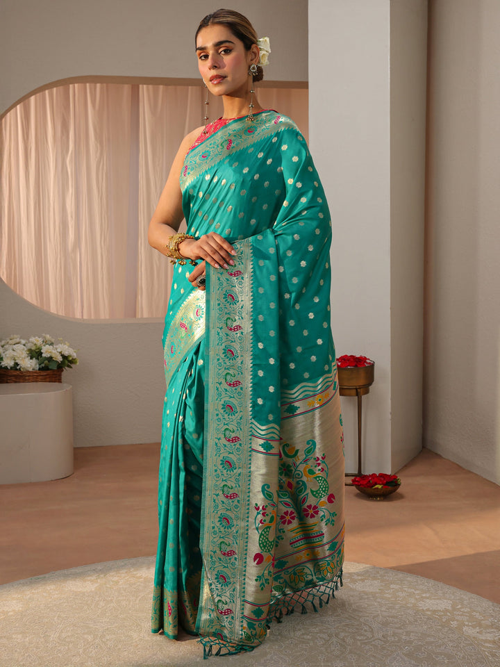 Green Paithani Silk Blend Saree