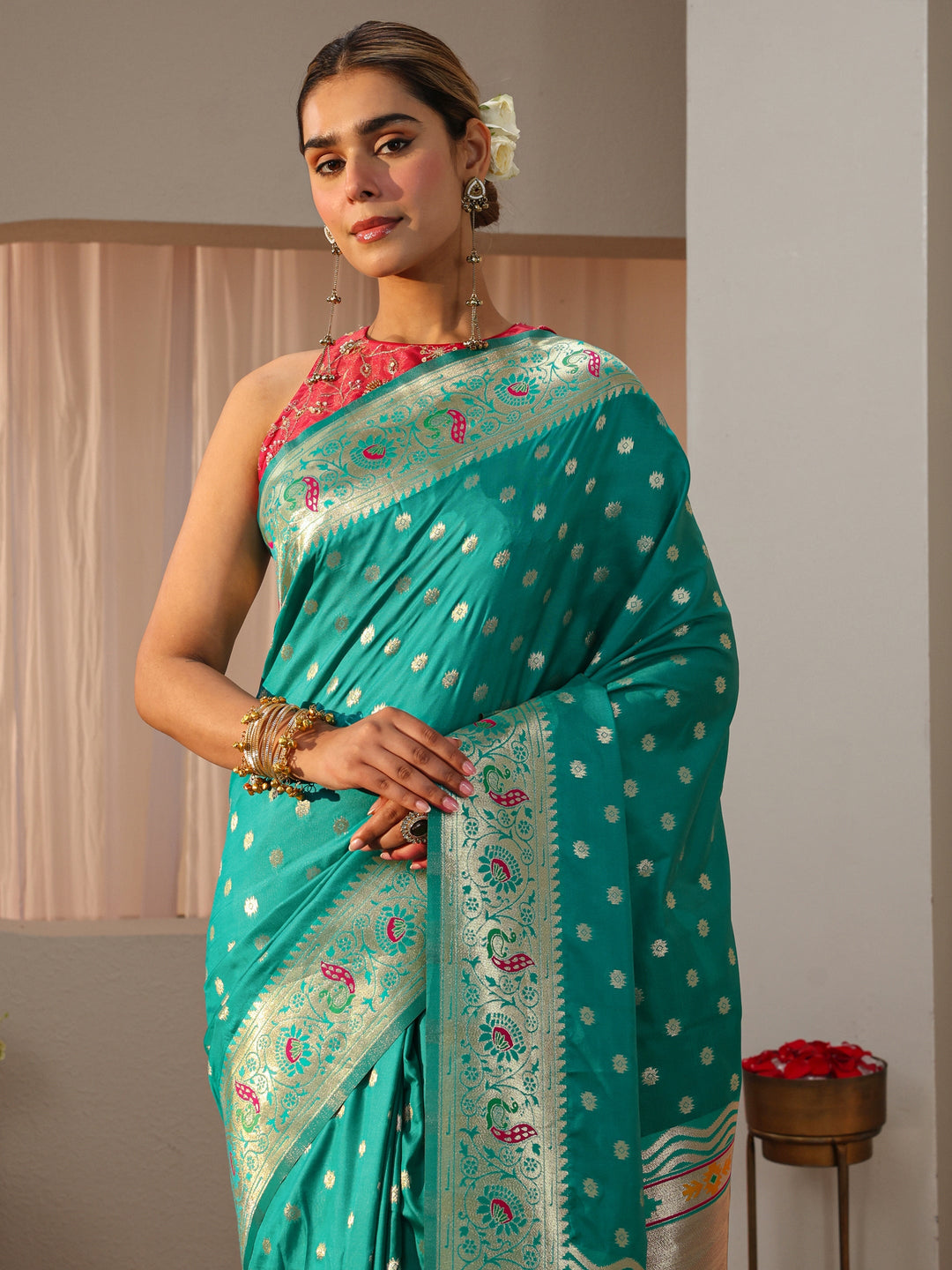 Green Paithani Silk Blend Saree
