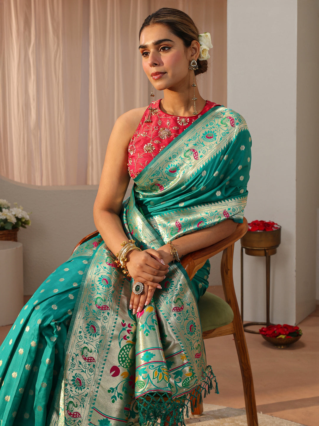 Green Paithani Silk Blend Saree