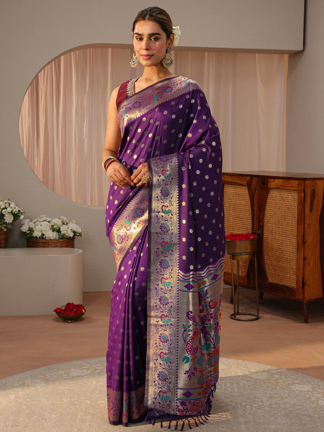 Purple Paithani Silk Blend Saree