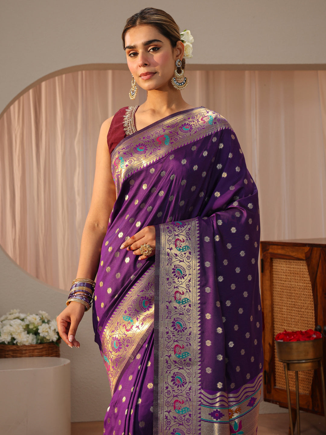 Purple Paithani Silk Blend Saree