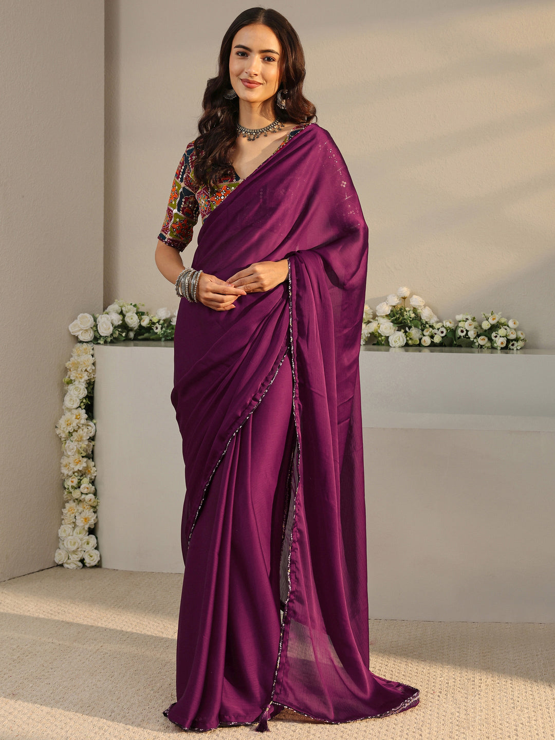 Libas Burgundy Solid Chiffon Saree With Unstitched Blouse Piece