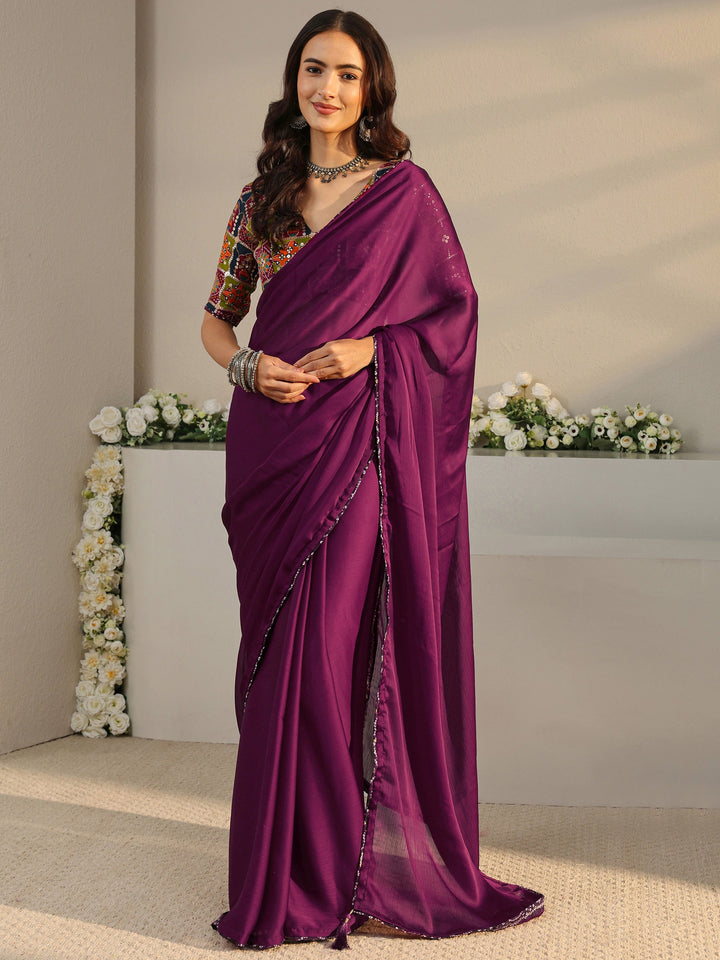 Libas Burgundy Solid Chiffon Saree With Unstitched Blouse Piece