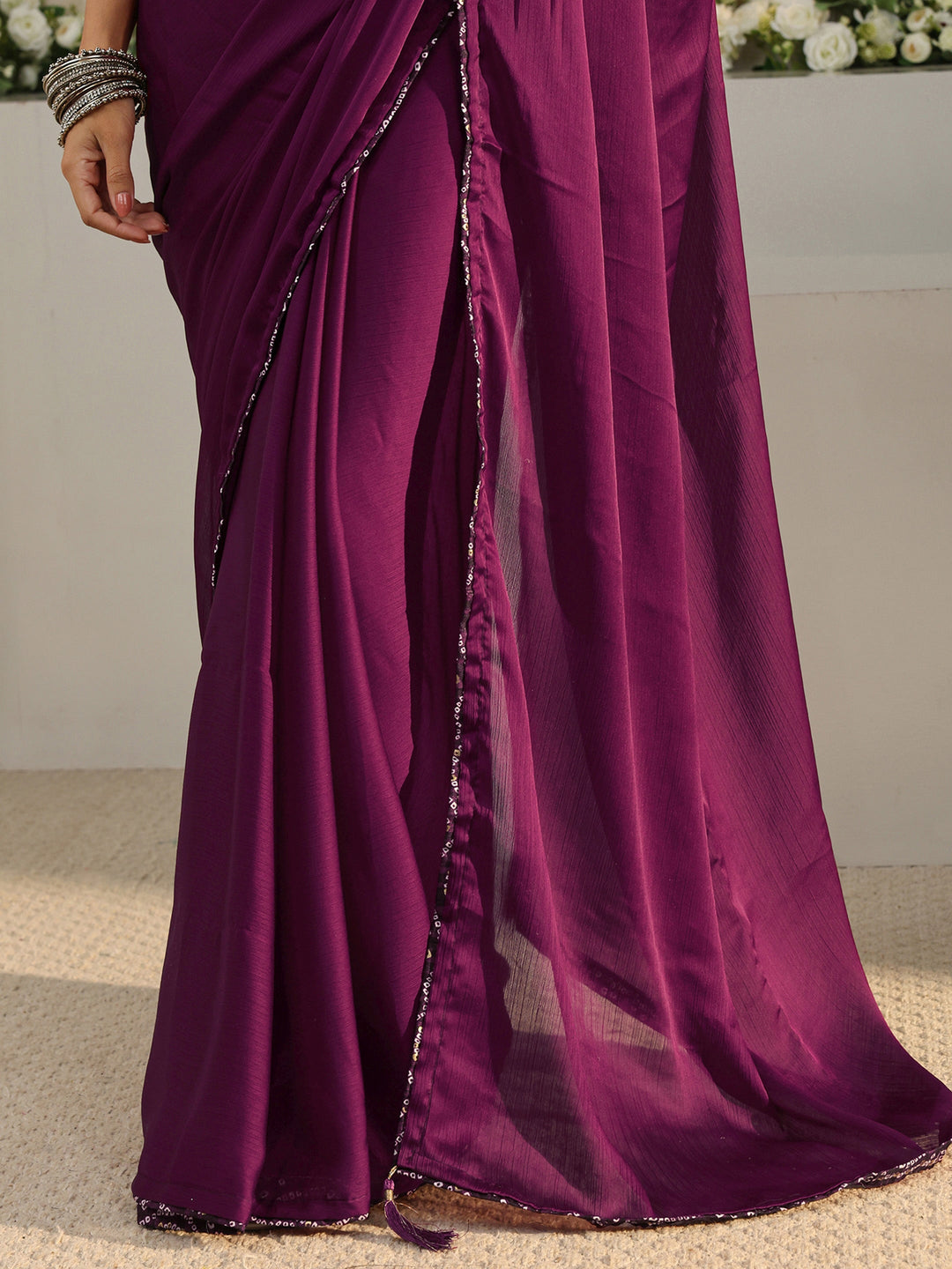 Libas Burgundy Solid Chiffon Saree With Unstitched Blouse Piece