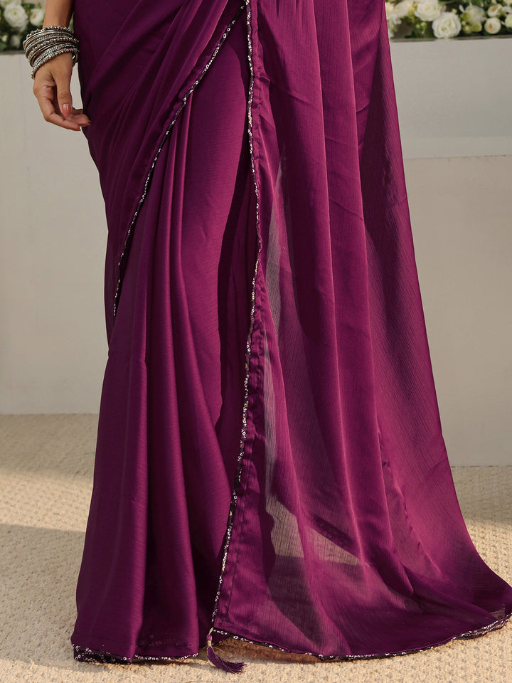 Libas Burgundy Solid Chiffon Saree With Unstitched Blouse Piece