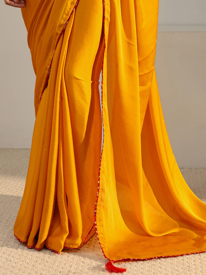 Mustard Solid Chiffon Saree With Unstitched Blouse Piece