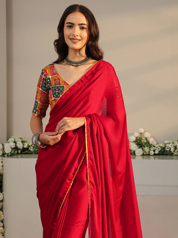 Red Solid Chiffon Saree With Unstitched Blouse Piece