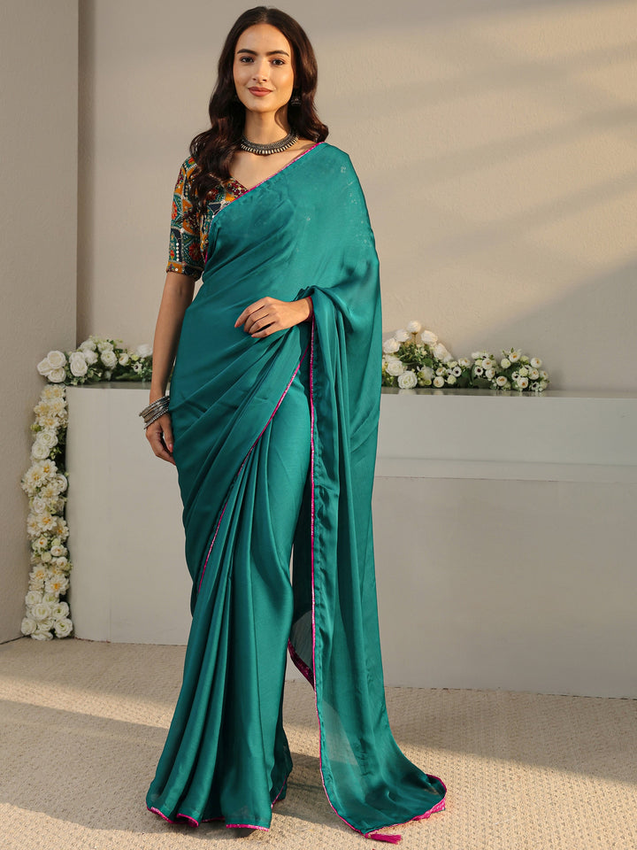 Teal Solid Chiffon Saree With Unstitched Blouse Piece