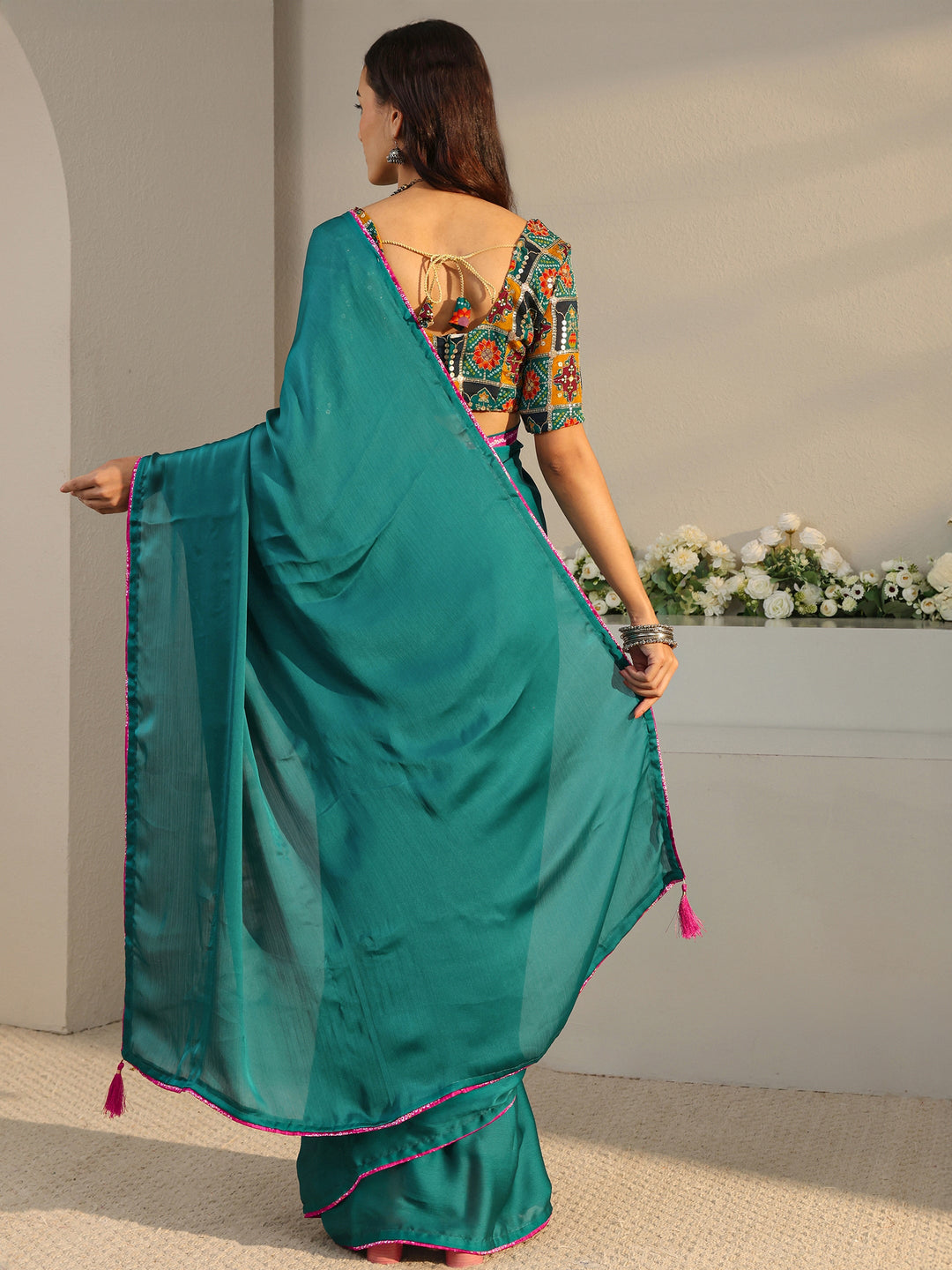 Teal Solid Chiffon Saree With Unstitched Blouse Piece