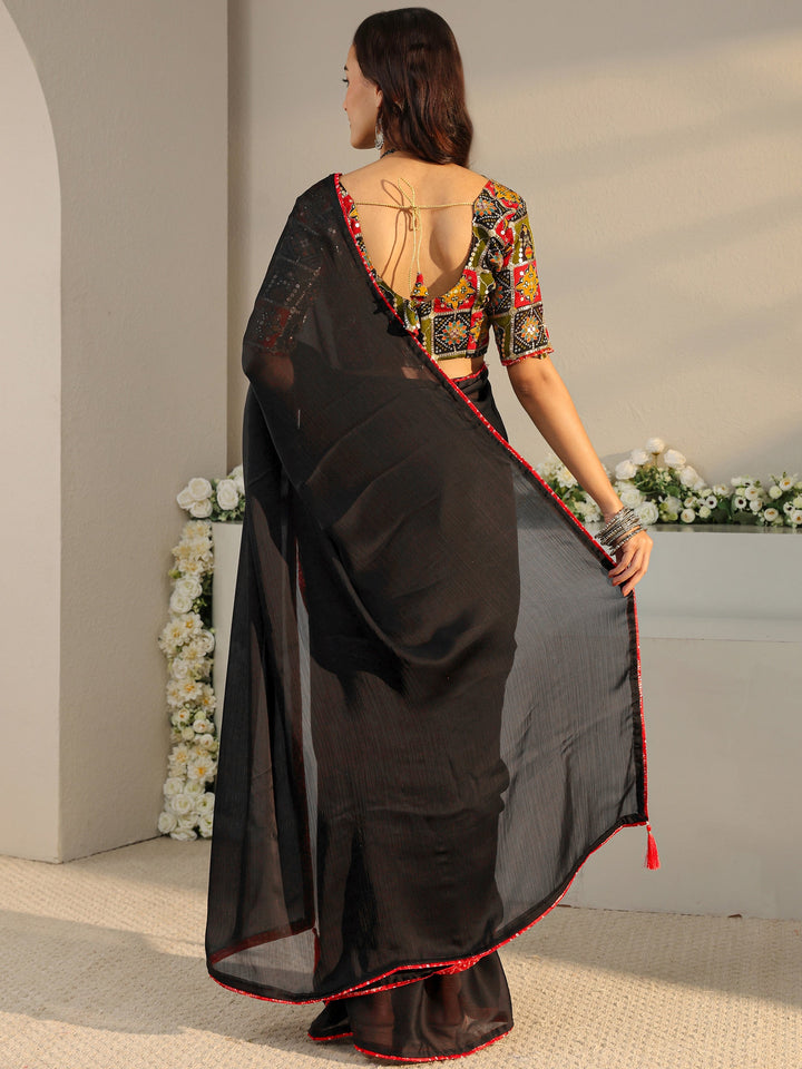 Black Solid Chiffon Saree With Unstitched Blouse Piece