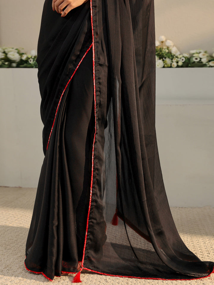 Black Solid Chiffon Saree With Unstitched Blouse Piece