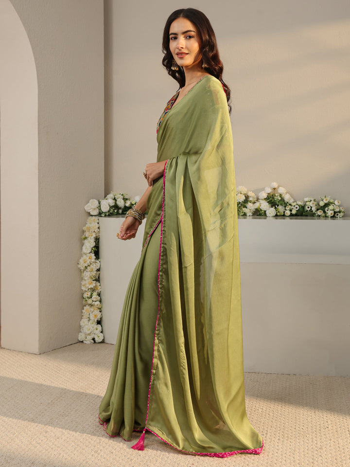 Olive Solid Chiffon Saree With Unstitched Blouse Piece