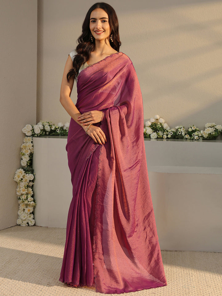 Purple Solid Tissue Saree With Unstitched Blouse Piece