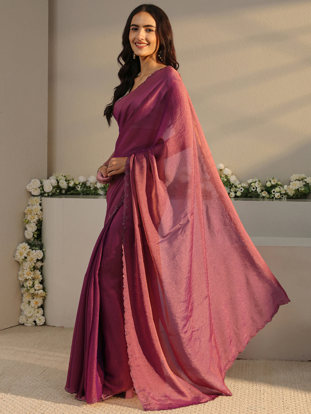 Purple Solid Tissue Saree With Unstitched Blouse Piece