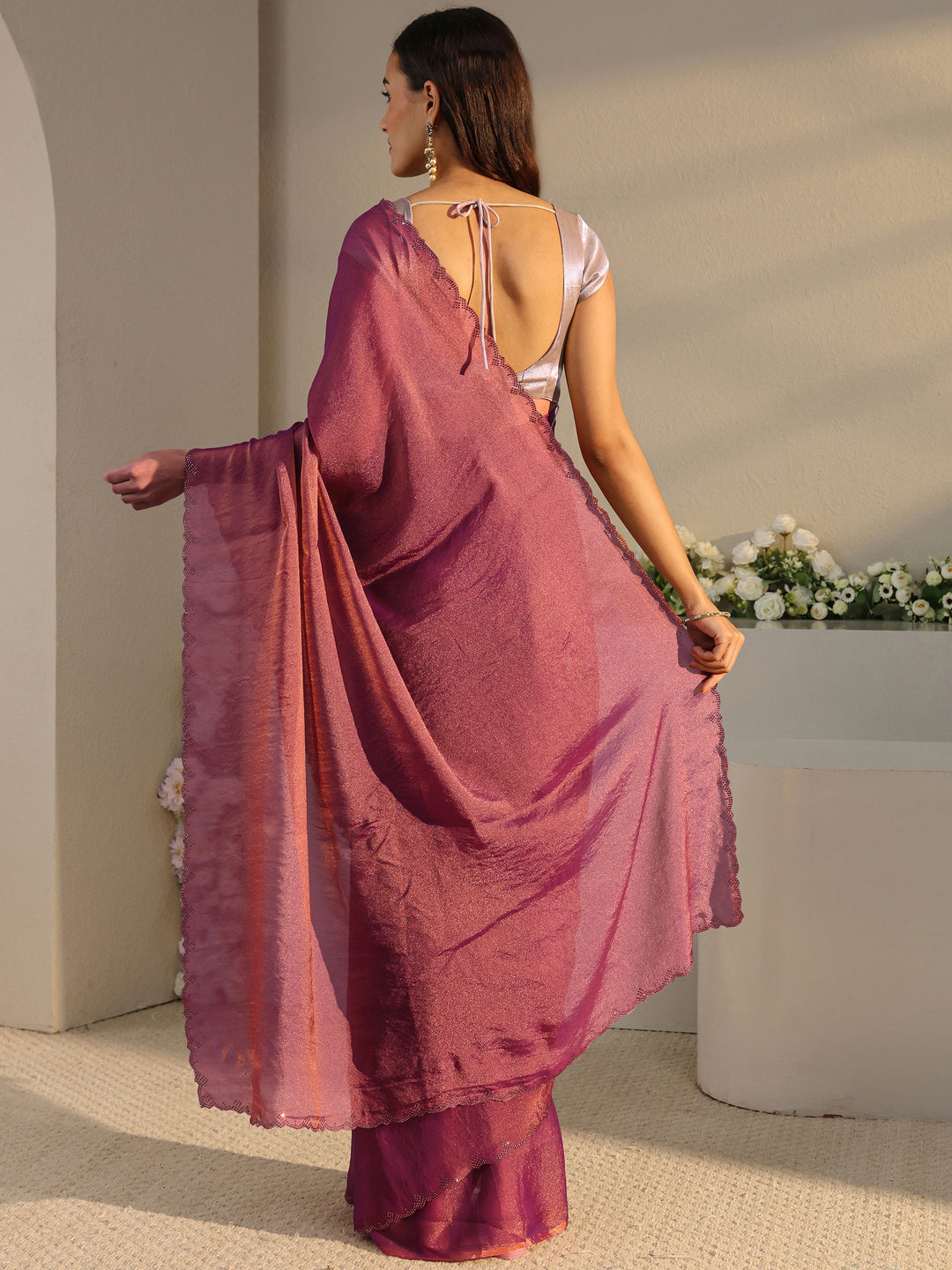 Purple Solid Tissue Saree With Unstitched Blouse Piece