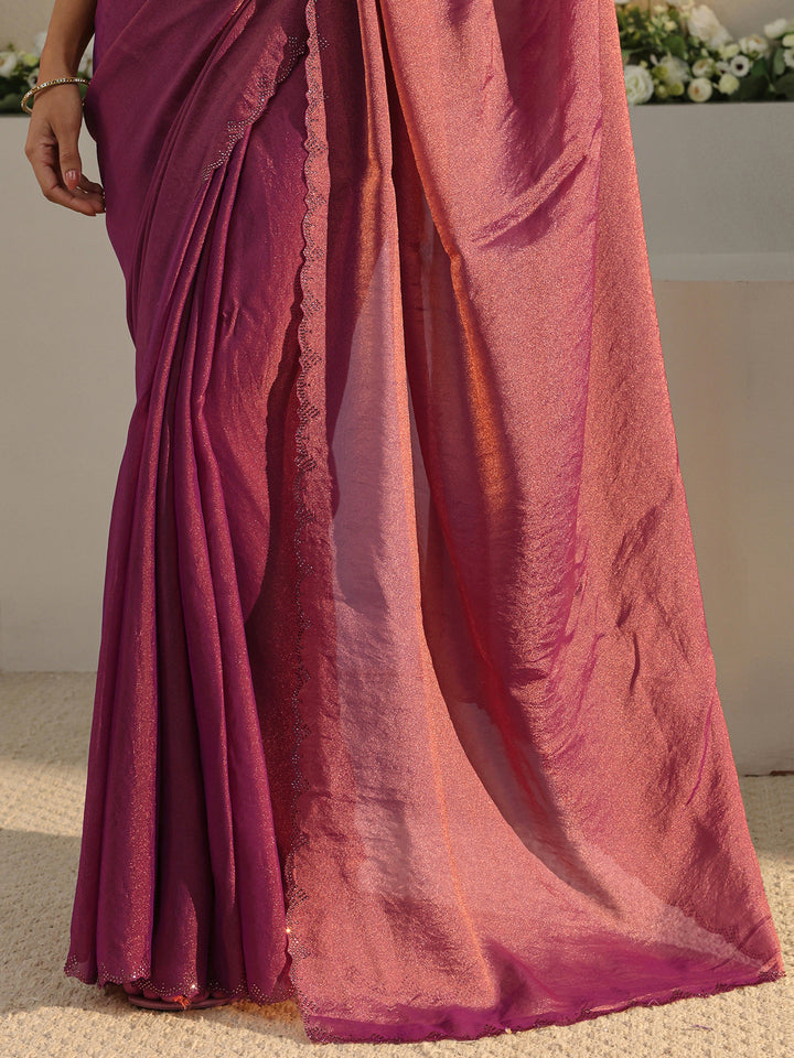 Purple Solid Tissue Saree With Unstitched Blouse Piece