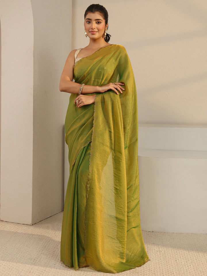 Green Solid Tissue Saree With Unstitched Blouse Piece