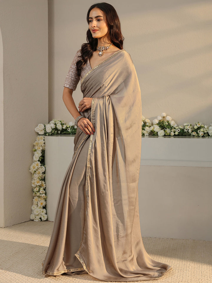 Beige Solid Chiffon Saree With Unstitched Blouse Piece