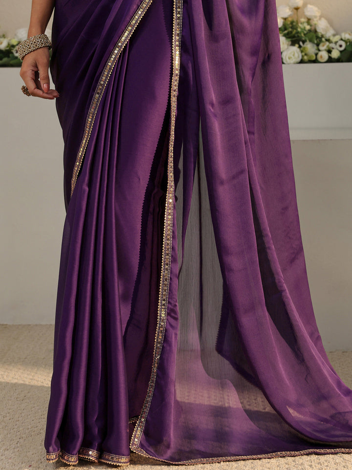 Purple Solid Chiffon Saree With Unstitched Blouse Piece