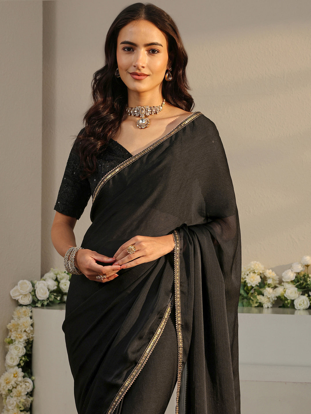 Black Solid Chiffon Saree With Unstitched Blouse Piece
