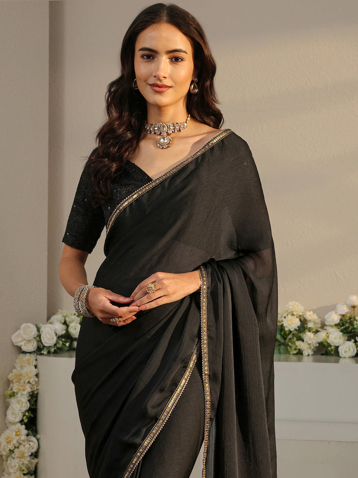 Black Solid Chiffon Saree With Unstitched Blouse Piece